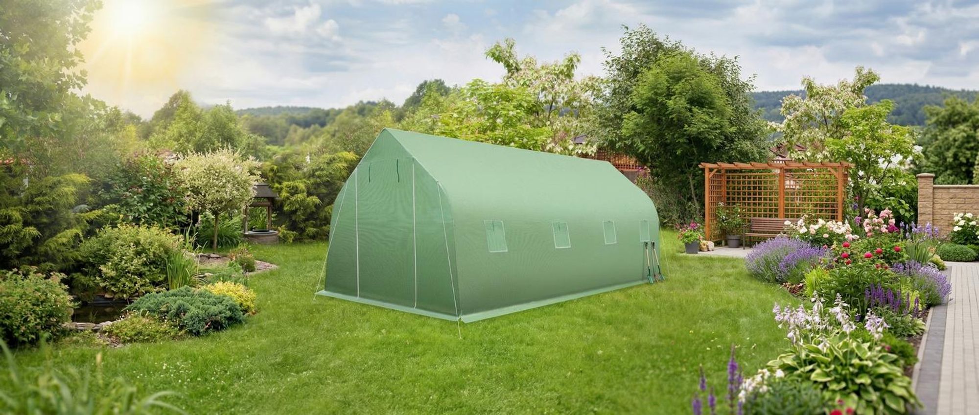 tectake® Foliengewächshaus 27 m³, in Zeltform mit 8 Fenstern 600 x 300 x 205 cm
