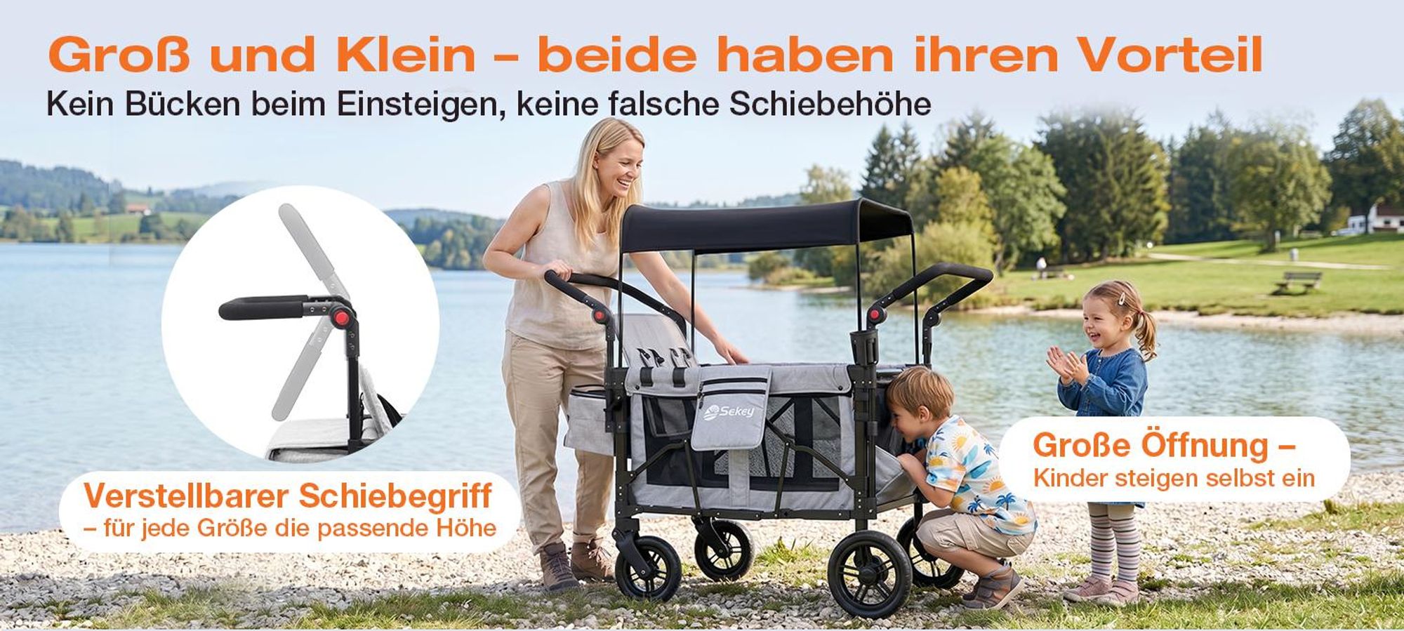 Sekey Faltbarer Bollerwagen mit Dach, Kinderwagen für 2-4 Kinder, 4 Sitzer Zwillingskinderwagen mit 4 integrierten 5-Punkt-Gurtsystem, Grau
