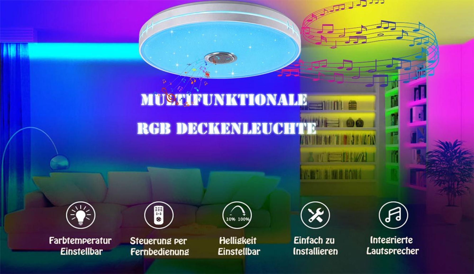Smart LED Deckenlampe mit Bluetooth Lautsprecher, 50cm Wohnzimmerlampe