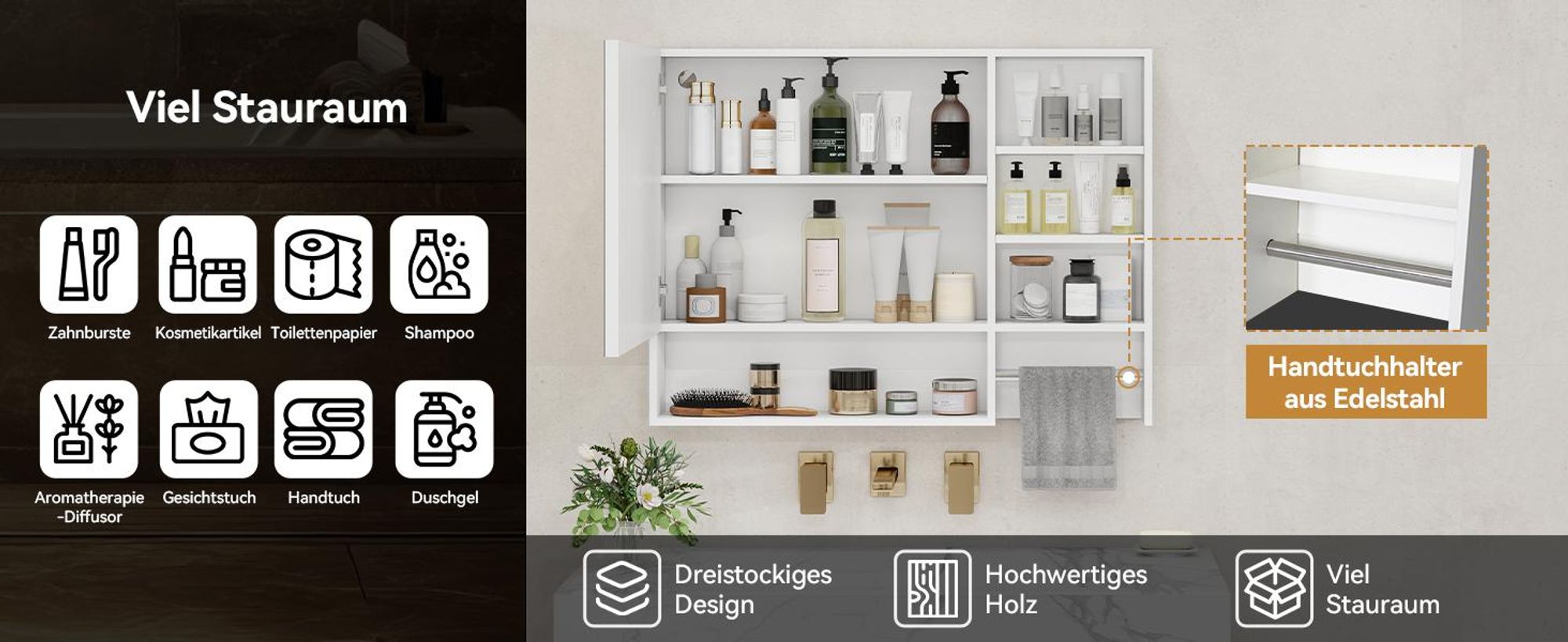 Puluomis Spiegelschrank Bad 80cm mit 3 färbiger dimmbarer Beleuchtung, Digitaler Uhr, Handtuchhalter, Antibeschlag Badezimmerschrank Wandschrank weiß