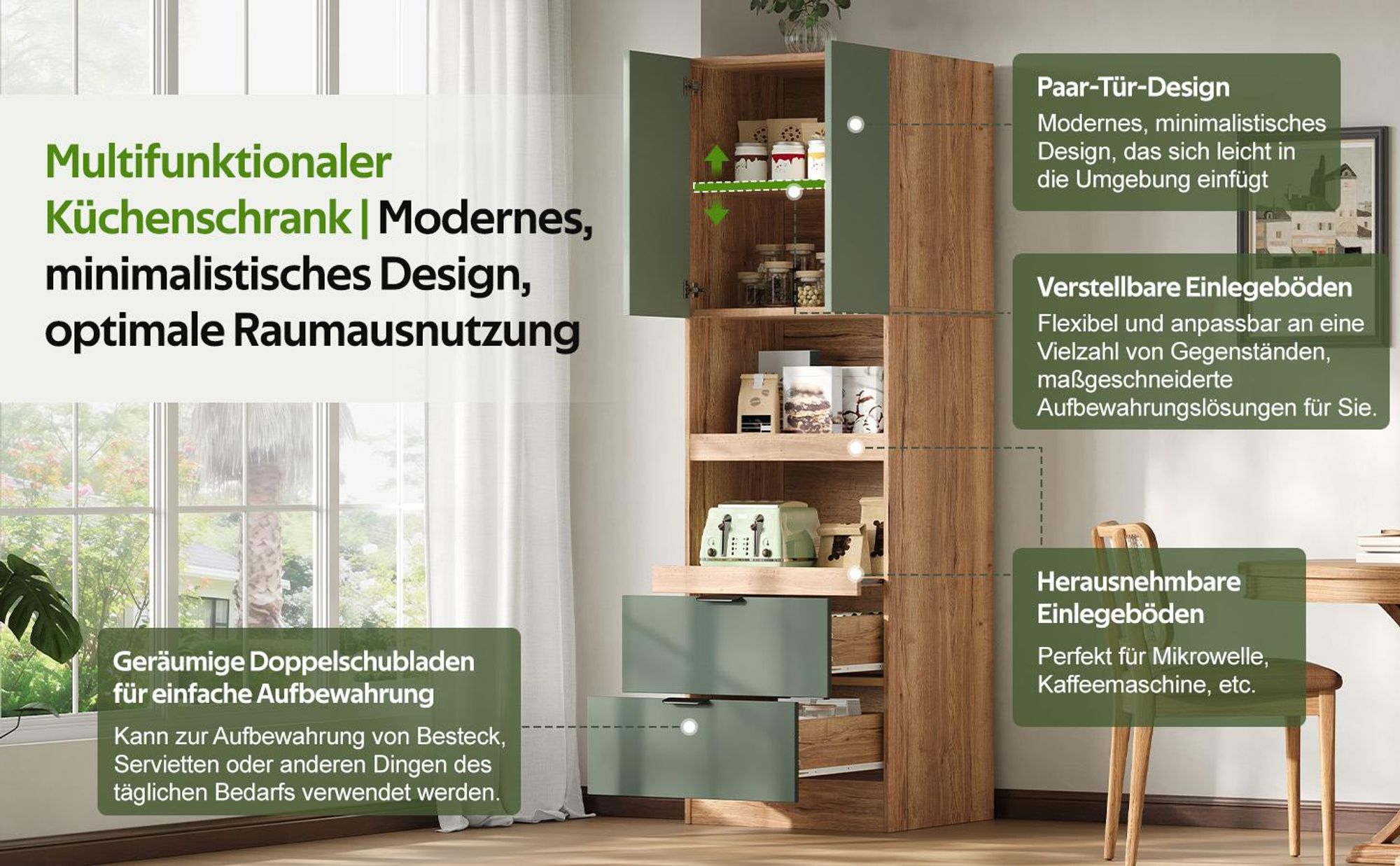 Flieks Küchenschränke mit Türen, Hochschränke mit Schubladen und Mikrowellenregale, Sideboards mit Kippschutz, 200cm, Grün, MDF