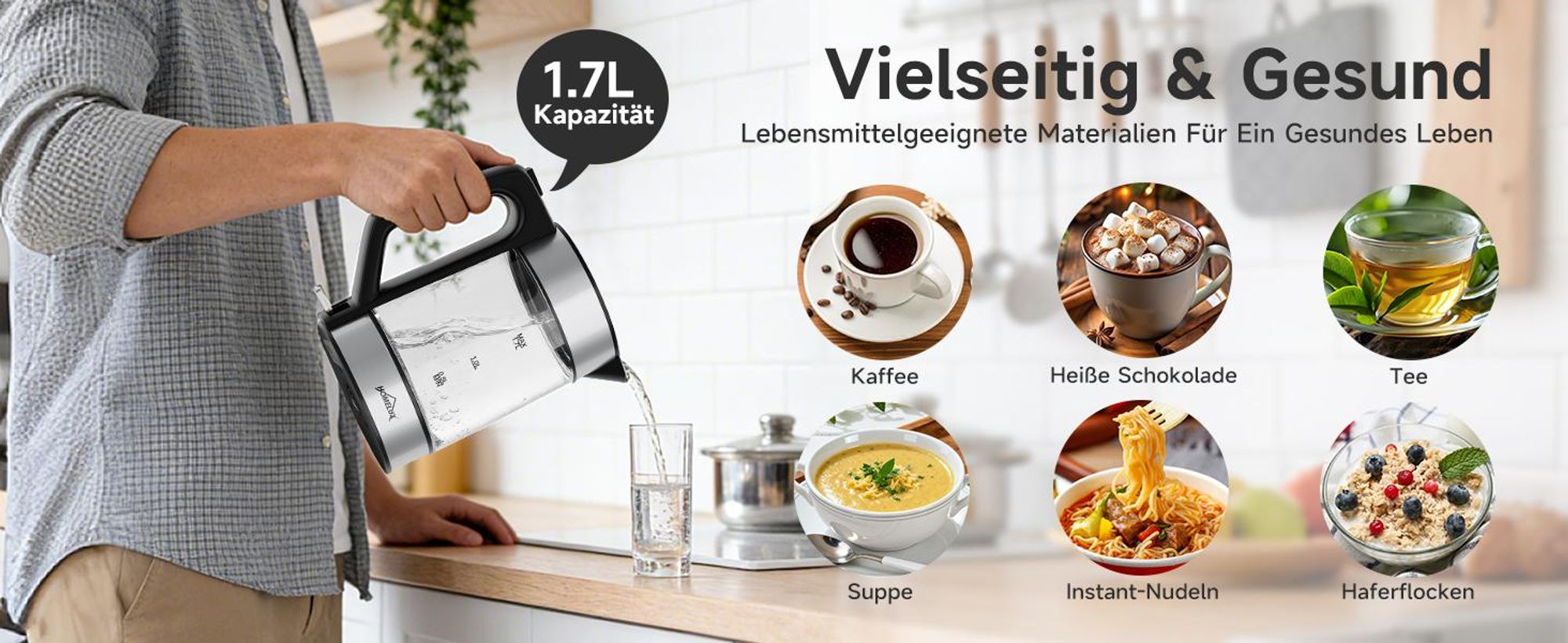 Wasserkocher Glas, 1.7 Wasserkocher Glas Mit Temperatureinstellung, 2200 Watt Kettle Durchsichtig Mit 360° Basis,Led-Beleuchtung