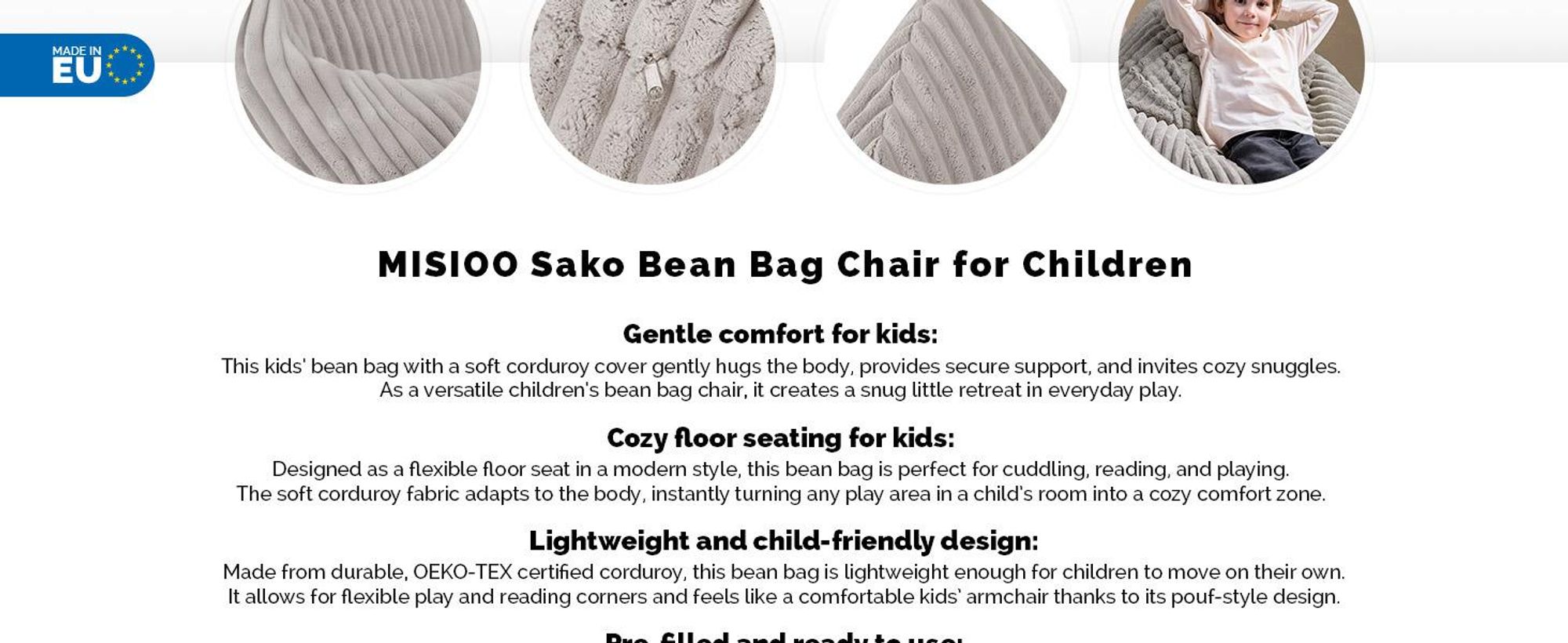 Pouf per bambini MISIOO Premium - Ergonomico - Dai 12 mesi in su - Comodi pouf per la cameretta dei bambini - Pouf con imbottitura leggera in polistirolo
