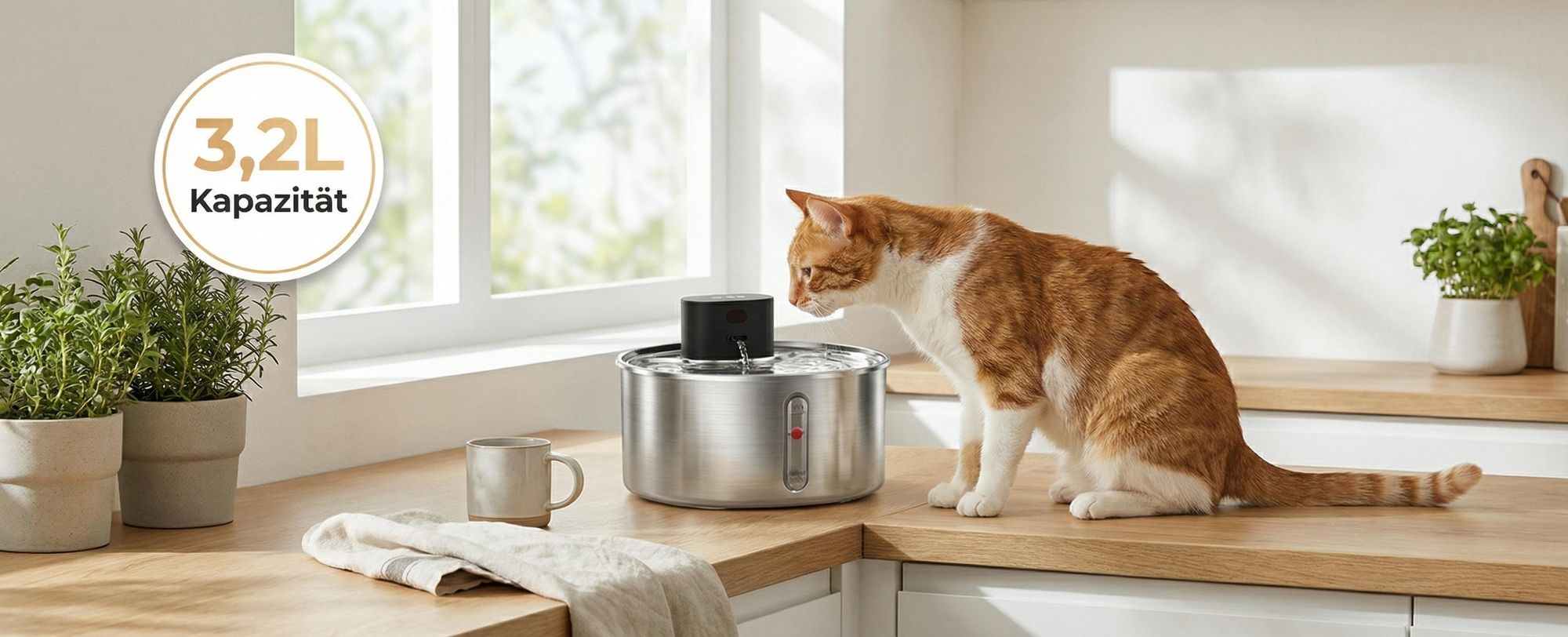 3,2L Automatischer Edelstahl Katzenbrunnen, kabellos mit Akku, Bewegungssensor & 5-Stufen Filter, flüsterleiser Wasserbrunnen für Haustiere