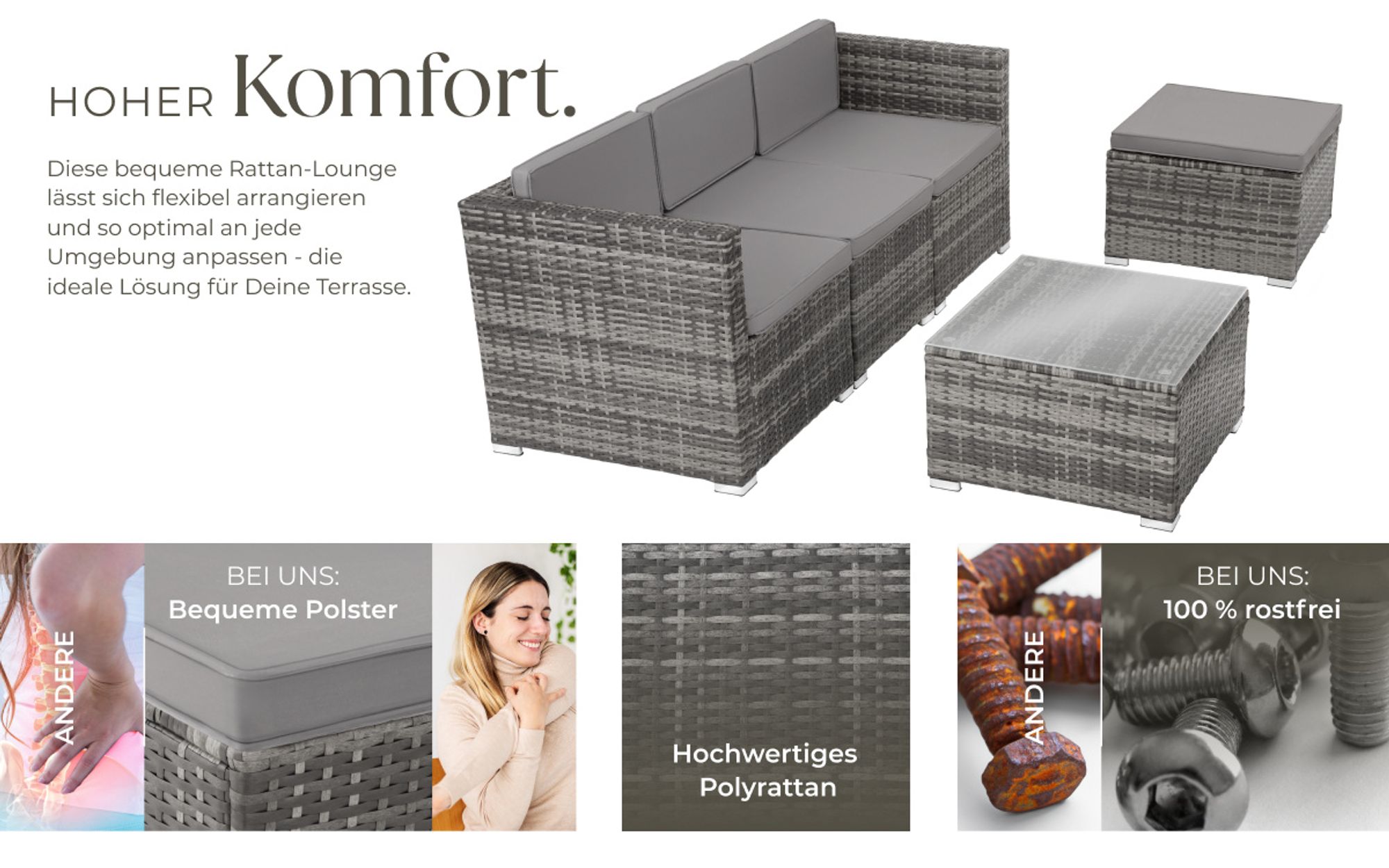 tectake® Rattan Lounge Lignano für 3 bis 4 Personen widerstandsfähig