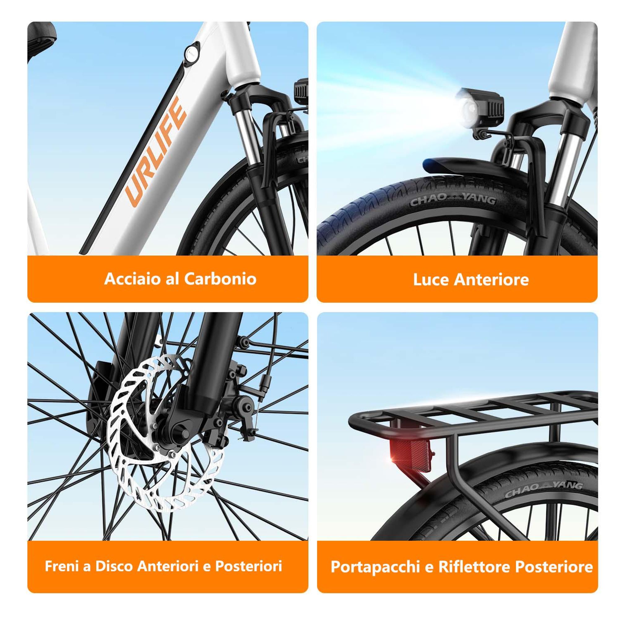Bicicletta Elettrica URLIFE E26 - Motore 250W Batteria 36V 13Ah Pneumatici da 26 Pollici Freni a Disco - Bianco