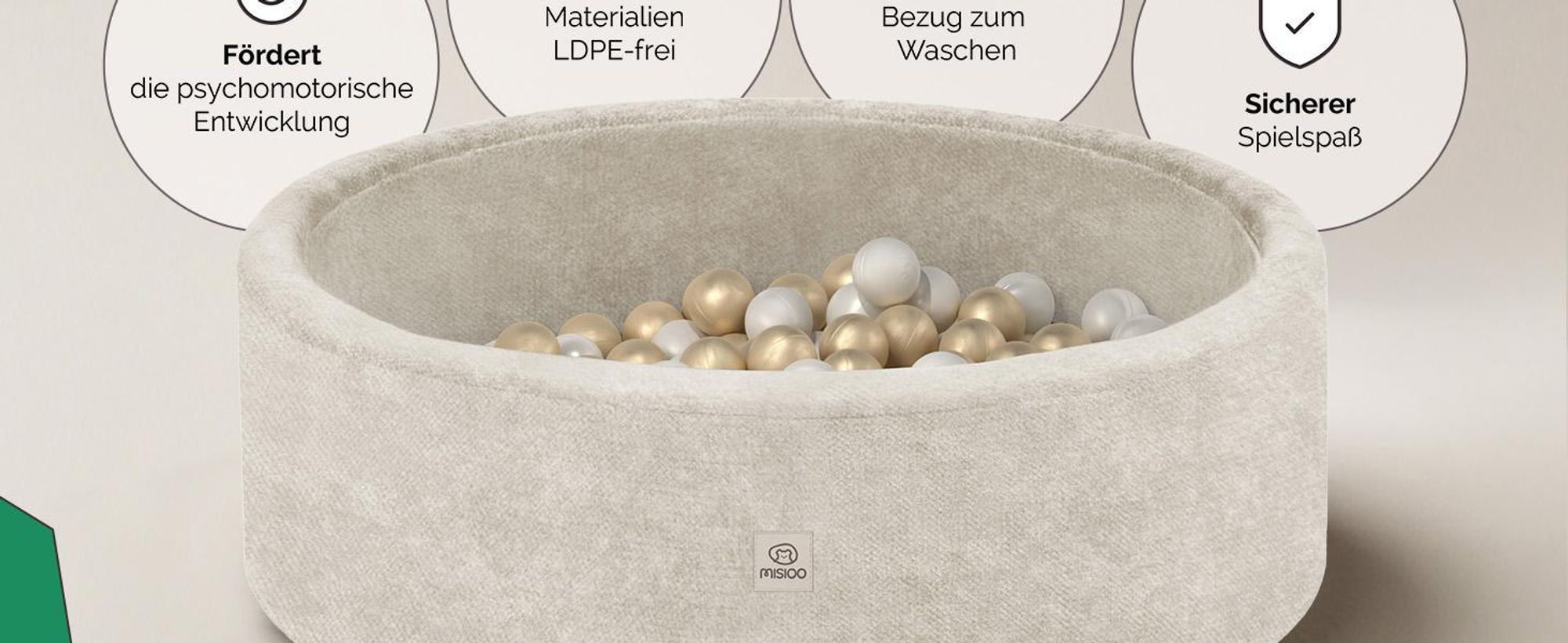MISIOO Bällebad Baby 90x30 cm mit 200 Bällen Ø6 cm – Kinder Bällebad Rund, Weicher Schaumstoff, Bezug Abnehmbar Waschbar, Indoor Spielpool
