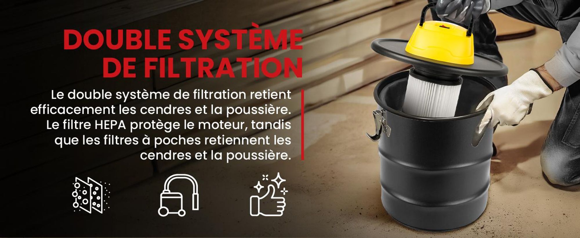 Aspirateur industriel MalTec ML1800-ASH Aspirateur industriel Aspirateur à cendres Aspirateur de cheminée 1800 W, 8 litres, pour le nettoyage intérieur et extérieur, adapté aux poêles