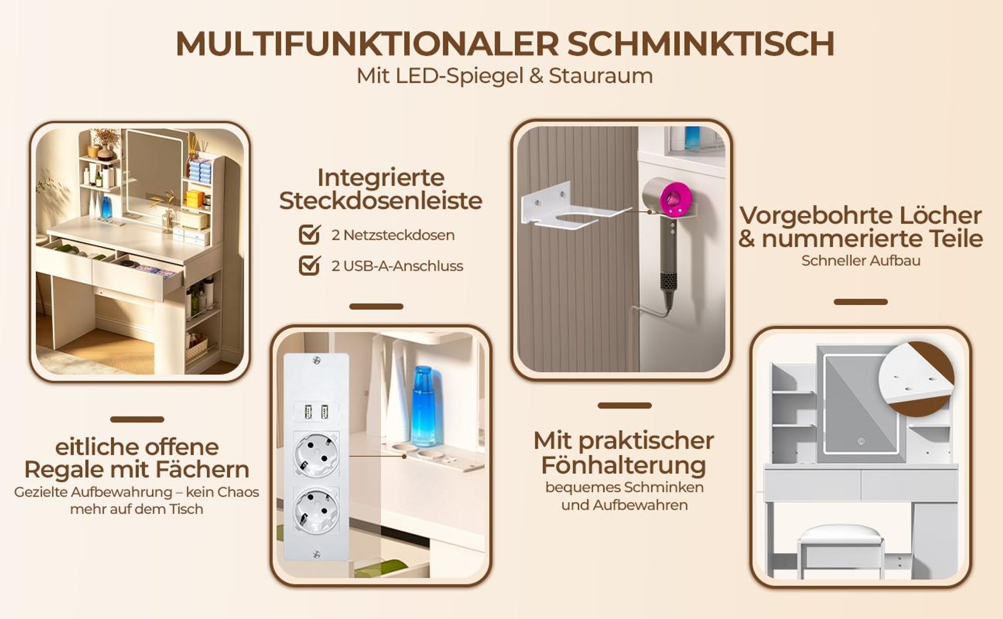 Schminktisch mit LED Beleuchtung Spiegel, einstellbare Helligkeit, Frisiertisch Kosmetiktisch mit 2 Schubladen, mit 1 Hocker