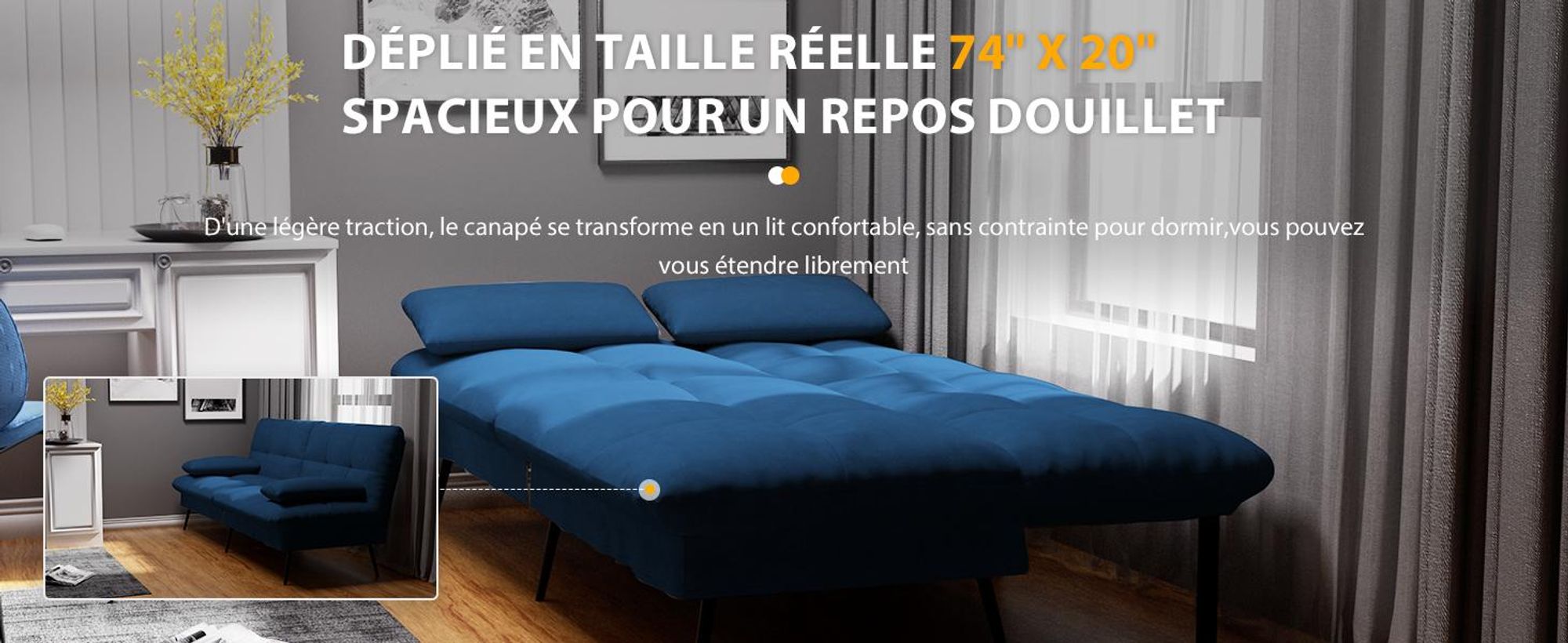 COMHOMA Canapé convertible avec fonction sommeil, housse Futon Canapé pliant, canapé-lit, canapé d'angle, canapé-lit d'appoint, canapé 3 places, avec dossier réglable en tissu, bleu