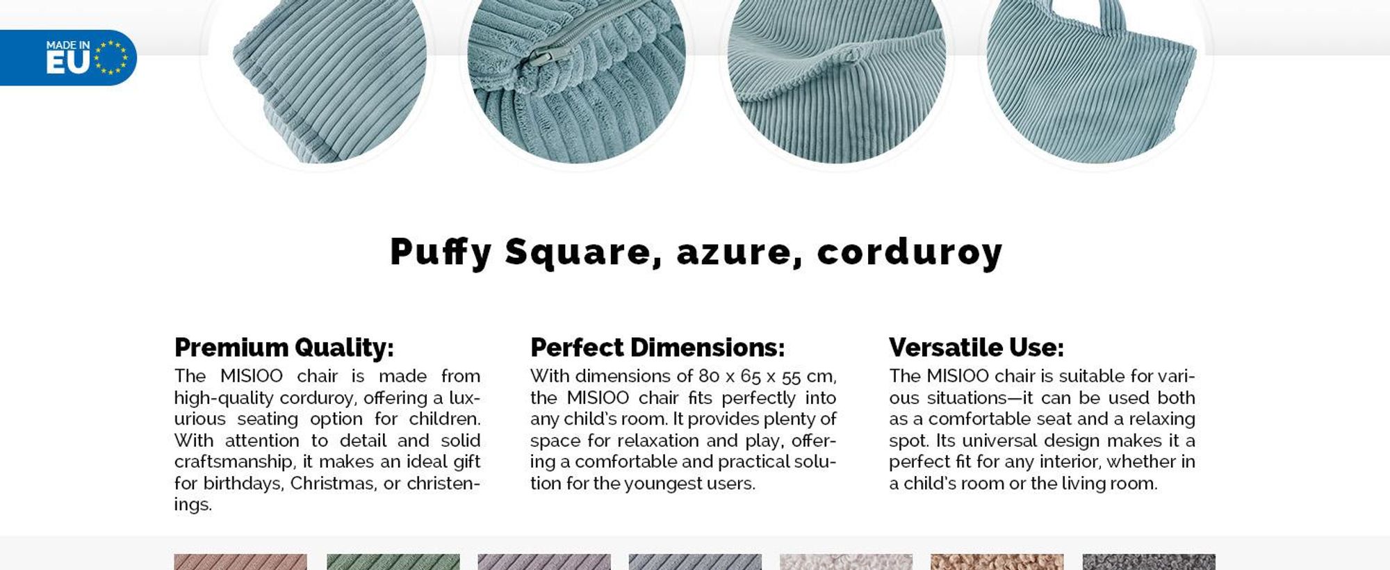 MISIOO Puf sedací vak pro děti - Puffy Square - Dětské křeslo - Sametový puf z manšestru - Ideální do dětského pokoje - Snadno omyvatelný - Modrý