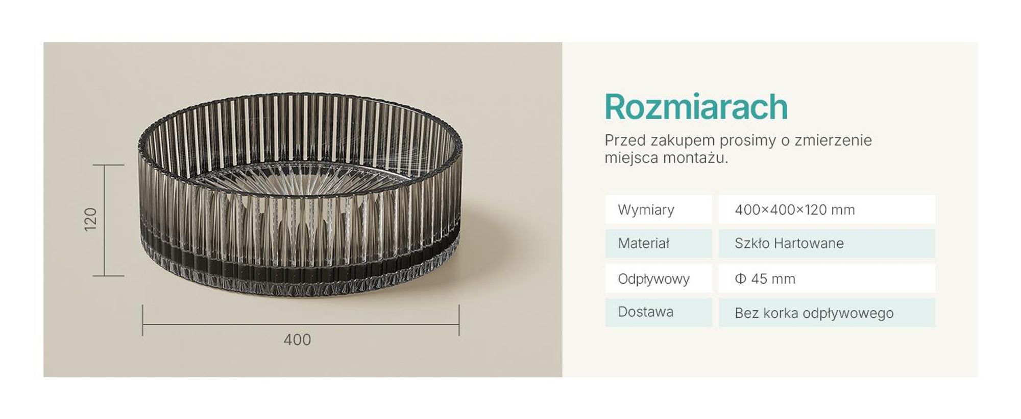 Umywalka nablatowa EMKE okrągła 400x400x120mm z hartowanego szkła kryształowego matowa czarna galwanizowana, bez otworu na baterię i przelewu, nowoczesny design