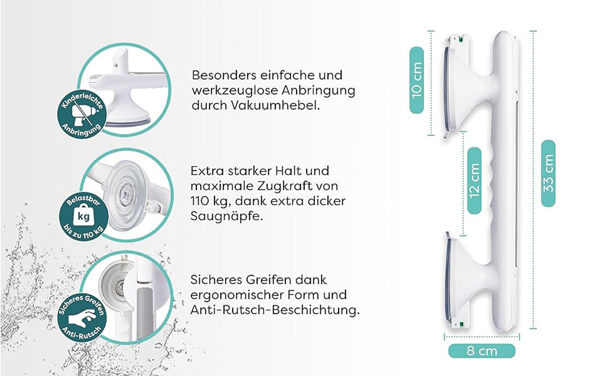 Haltegriff mit Saugnapf - Haltegriff Dusche Extra starker Halt 110 KG, Haltegriffe für Senioren, Badewannengriff ohne Bohren, Duschgriff mit Saugnapf