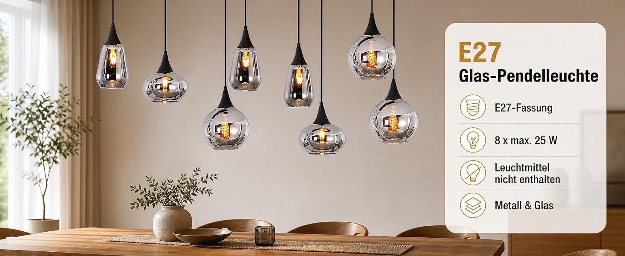 Lampada a sospensione ZMH, vetro, 126 cm, attacco E27, ideale per il soggiorno, 8 luci, lampada a sospensione per tavolo da pranzo, stile vintage, lampada da soggiorno, sfera di vetro, colore nero