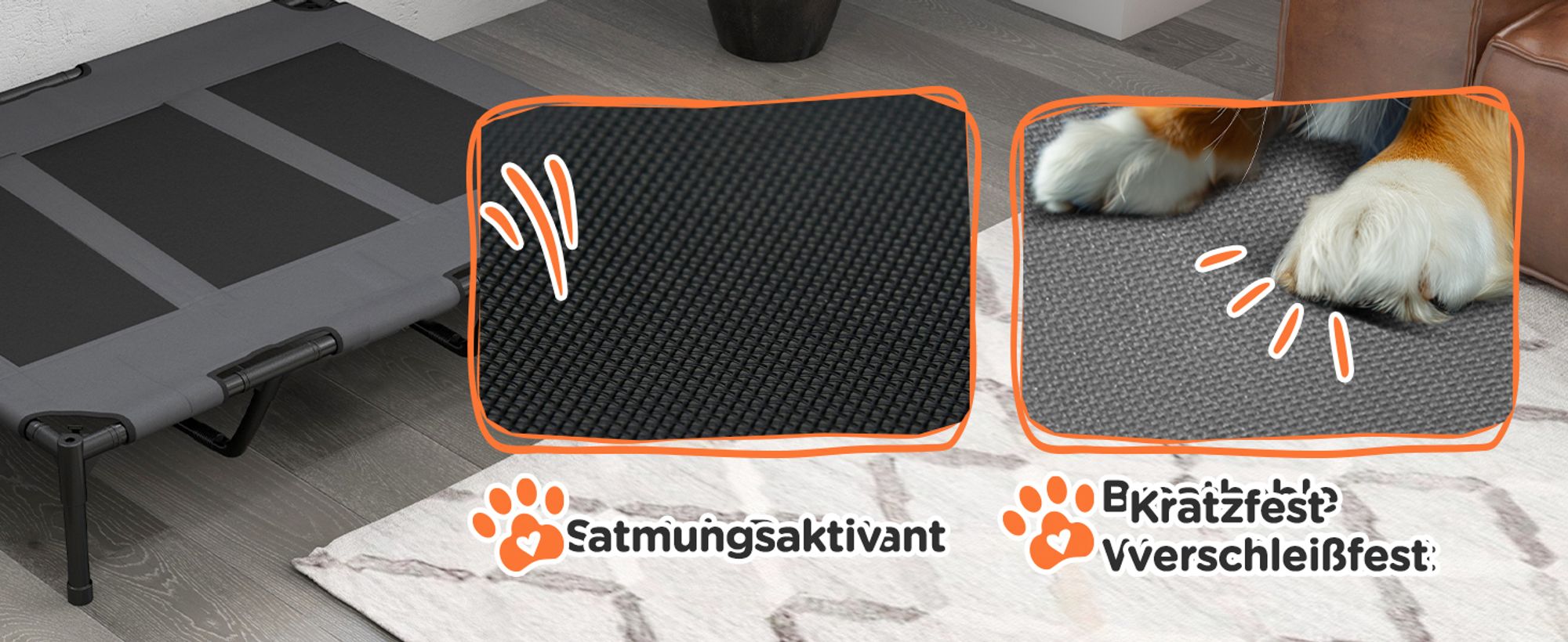 PawHut Erhöhtes Hundebett mit Baldachin, Haustierbett, Hundeliege outdoor mit Dach, Atmungsaktiv, Taftstoff für Camping Grau 122 x 92 x 108 cm