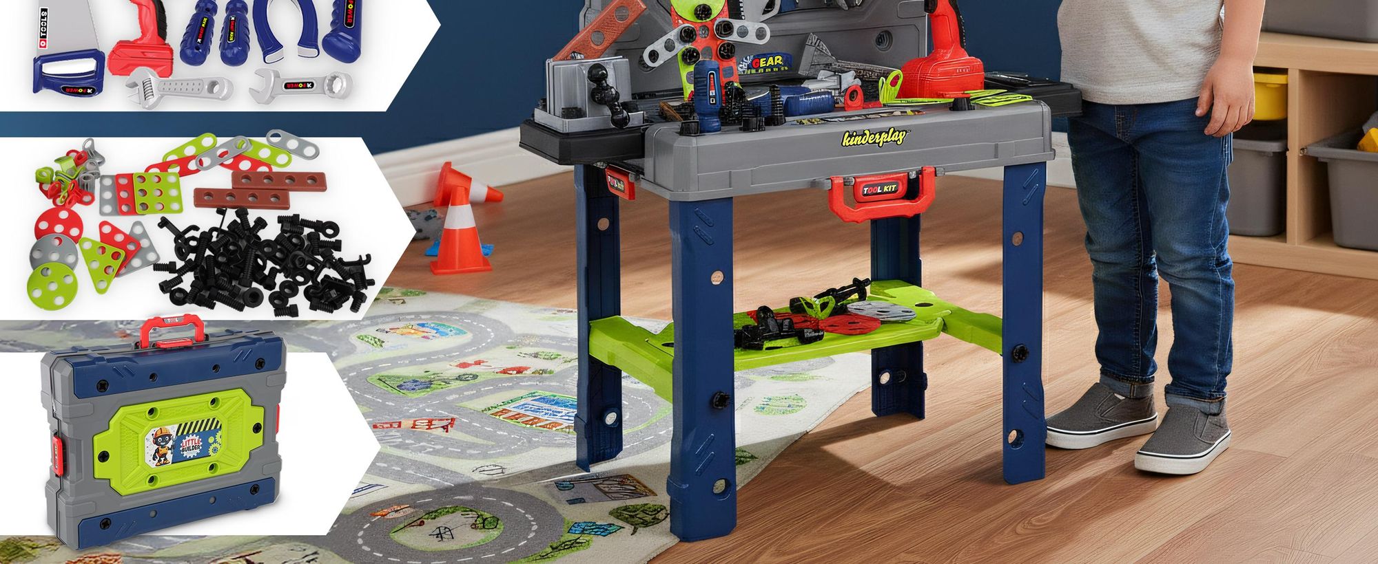 Kinder Werkbank Spielzeug mit Zubehör und Batteriebetriebener Bohrmaschine – Lernset für Kinder ab 3 Jahren