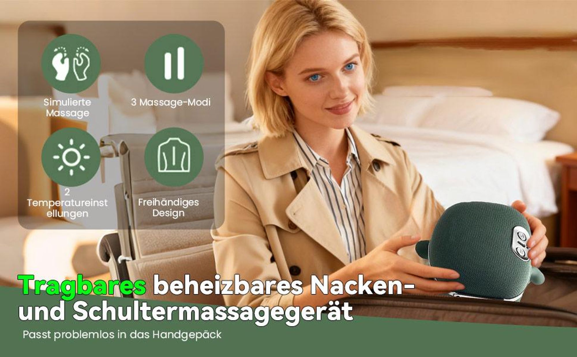 4D Nackenmassagegerät mit Wärme, Elektrisches Schulter- und Nackenmassagegerät, 3 Stufen, 2 Heizstufen, USB Aufladbar für Entspannung, Wellness
