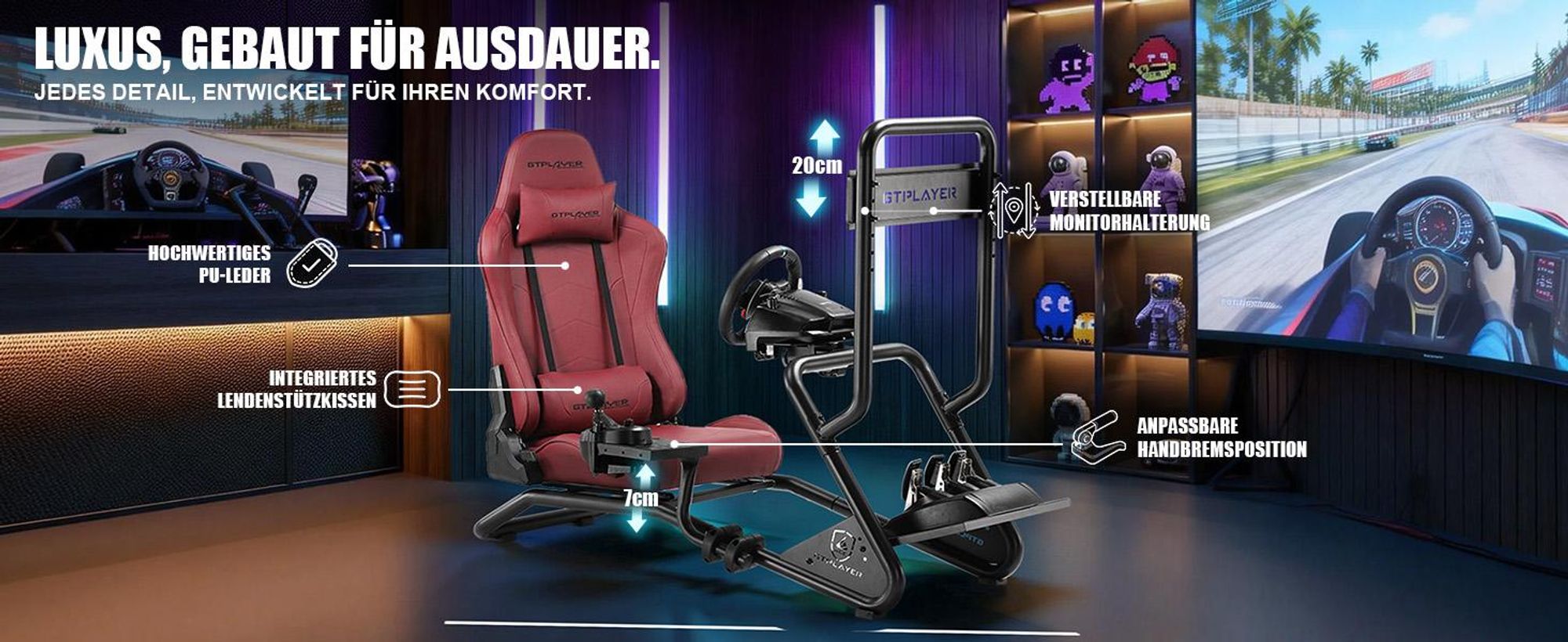 GTPLAYER Simulator Cockpit,Rennsimulator lenkradständer mit 3D-Stereo-Lautsprechern, Monitorhalterung, verstellbarer Lenkradhalterung, Schalthebelhalt