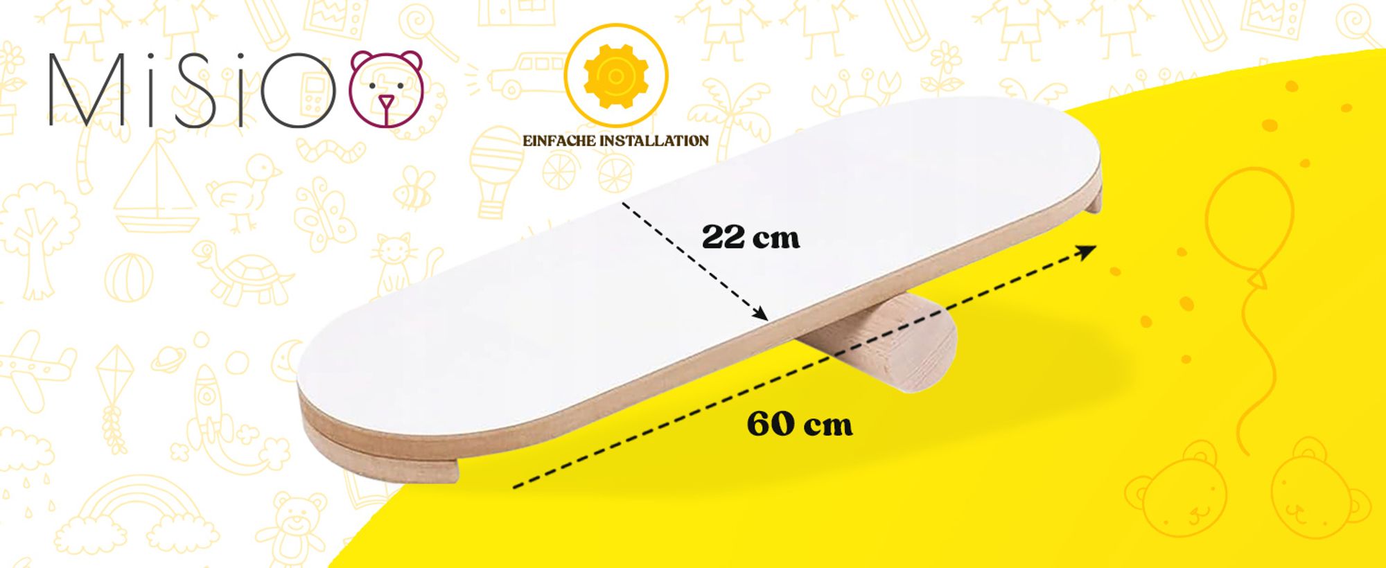 MISIOO Balance Board für Kinder – Montessori Holzspielzeug – Trainingsbrett für Gleichgewicht und Koordination – MDF – 60x22 cm – Weiß