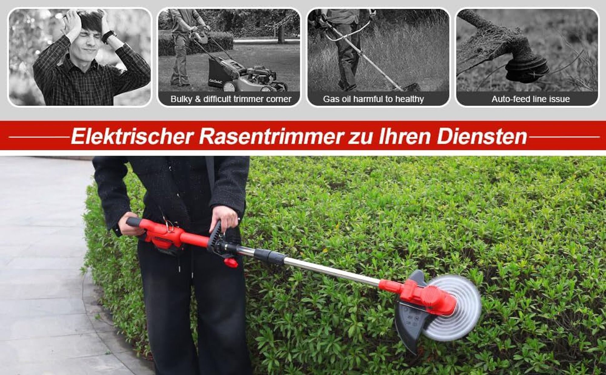 Akku Rasentrimmer mit 2× 4000mAh Akku 21V, 750W Bürstenloser Motor Rasentrimmer mit Unkrautbürste, Freischneider Akku & Ladegerät | Rot