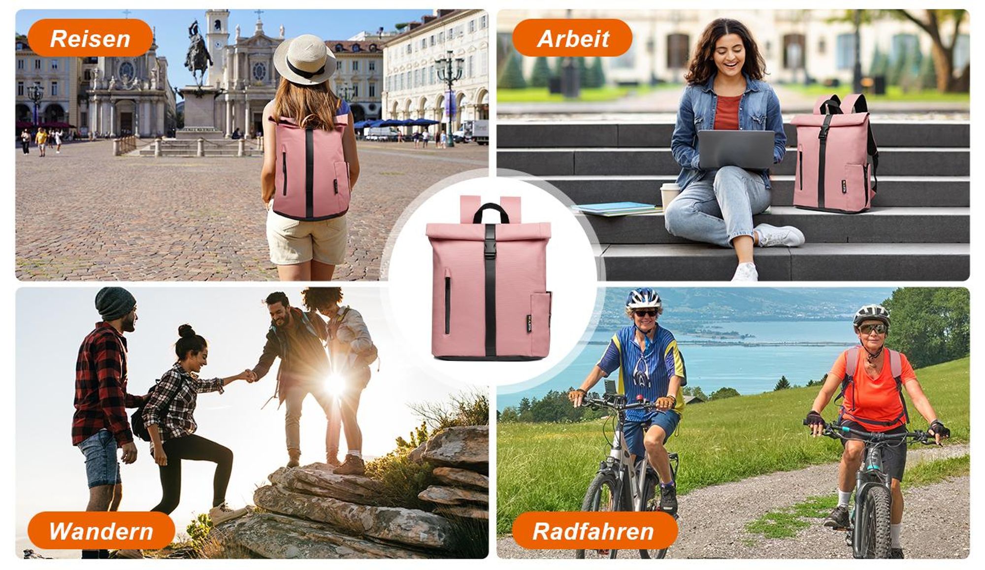 Damen Herren Rolltop Rucksack 25L, Groß Schulrucksack Wasserdicht mit 15,6 Zoll Laptopfach, Backpack für Job Radsport Reisen Freizeit Fahrrad, Rosa