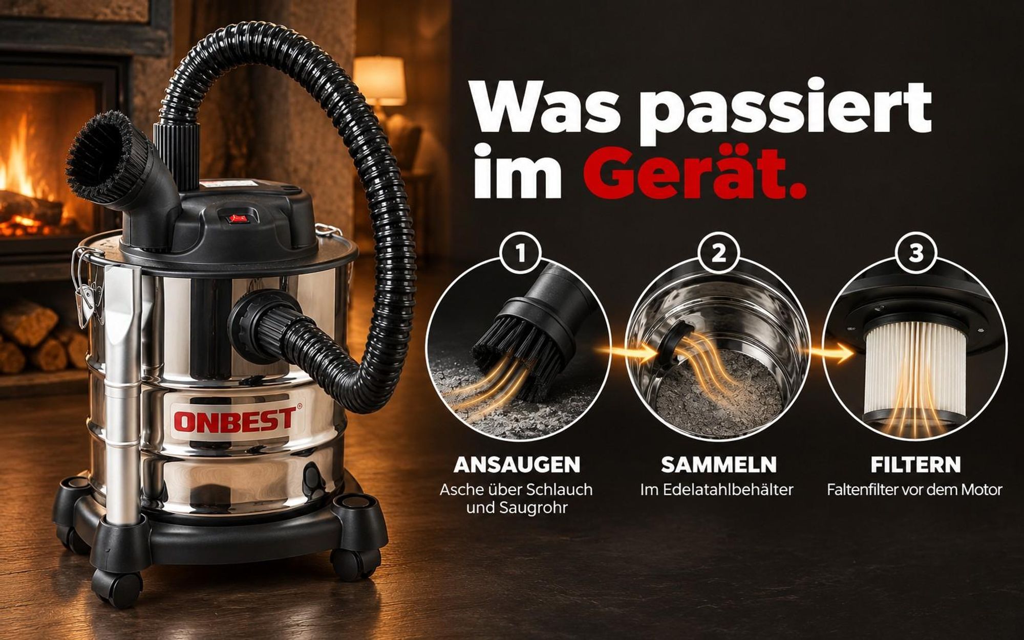 Aschesauger Funktionsweise: ansaugen, im Edelstahlbehälter sammeln, Faltenfilter vor dem Motor