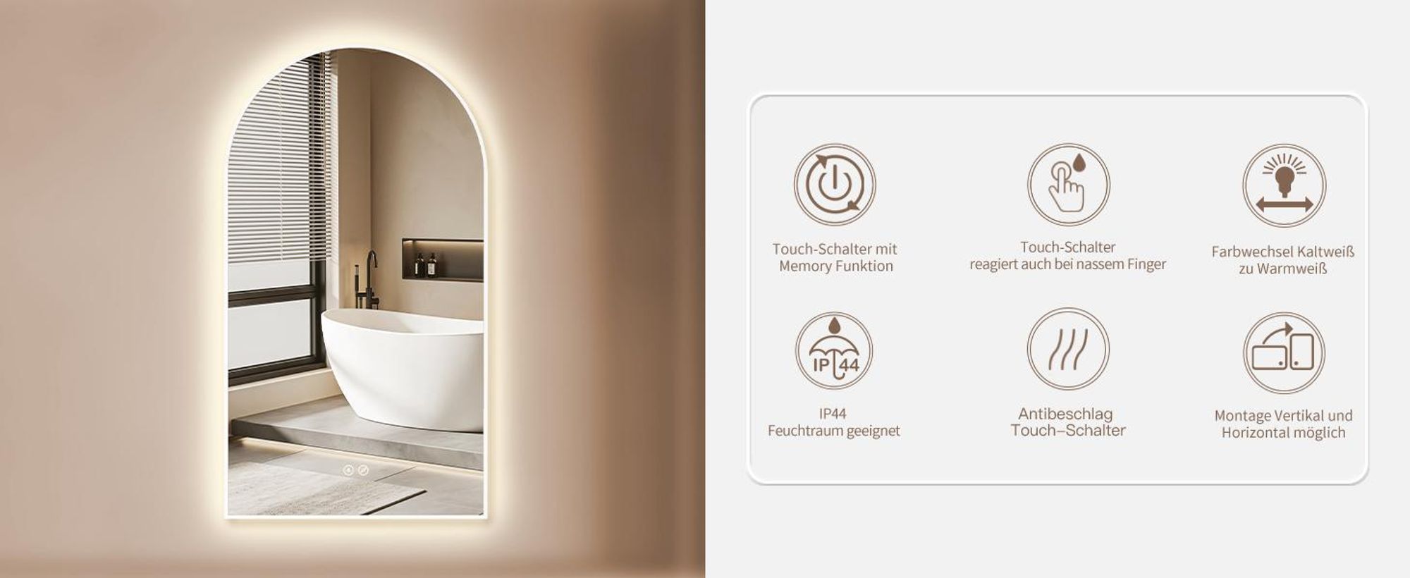 HOKO LED Bogenspiegel mit Metallrahmen 60x100 cm Anti-fog Warmweiß & Kaltweiß Badezimmer & Flur Touch-Sensor & Memory-Funktion