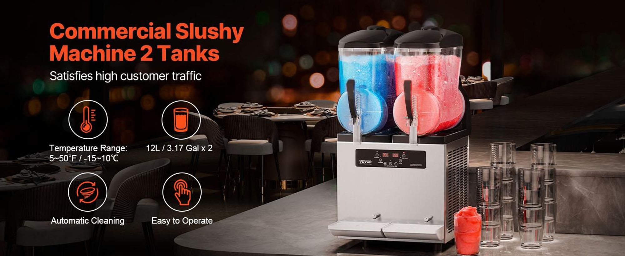 VEVOR kommerzielle Slusheis Maschine 12 L x 2 Doppeltank-Maschine für gefrorene Getränke, 96 Tassen Edelstahl Slush-Eis-Maschine mit Tastenfeld Softeis Maker für Partys Restaurants Cafés Bars