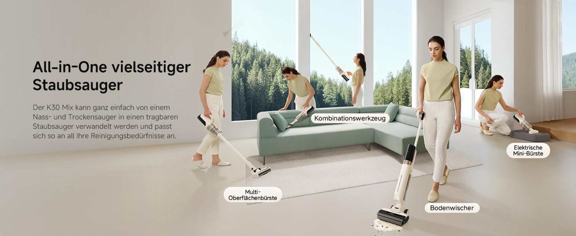 MOVA K30 Mix Nass- & Trockensauger, kabelloser All-in-One Bodenreiniger, 18.000 Pa, 180° Reichweite, flaches Design, Doppel-Kantenreinigung