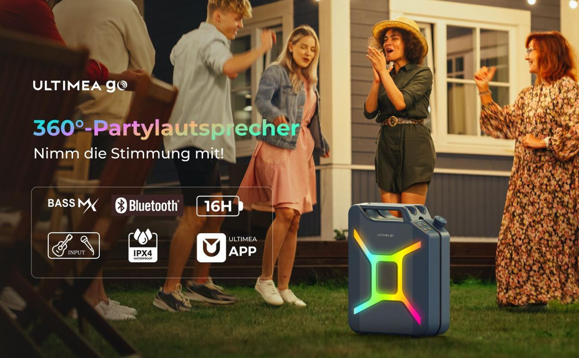ULTIMEA Go tragbarer Party-Lautsprecher, 300 W Bluetooth PartyBox mit Bass-Boost, RGB-Beleuchtung, Mikrofon-/Gitarreneingang, Party & Outdoor, Blau