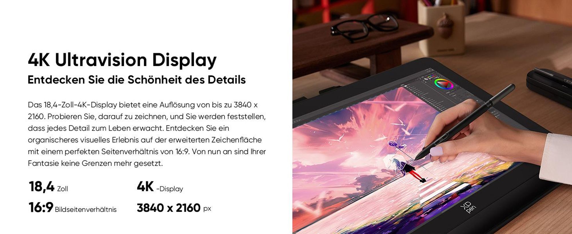 XPPen Artist Pro 19 (Gen 2), Verkabelt & Kabellos, 5080 lpi, 409 x 230 mm, USB/Bluetooth, 1 cm, Stift, Berührung