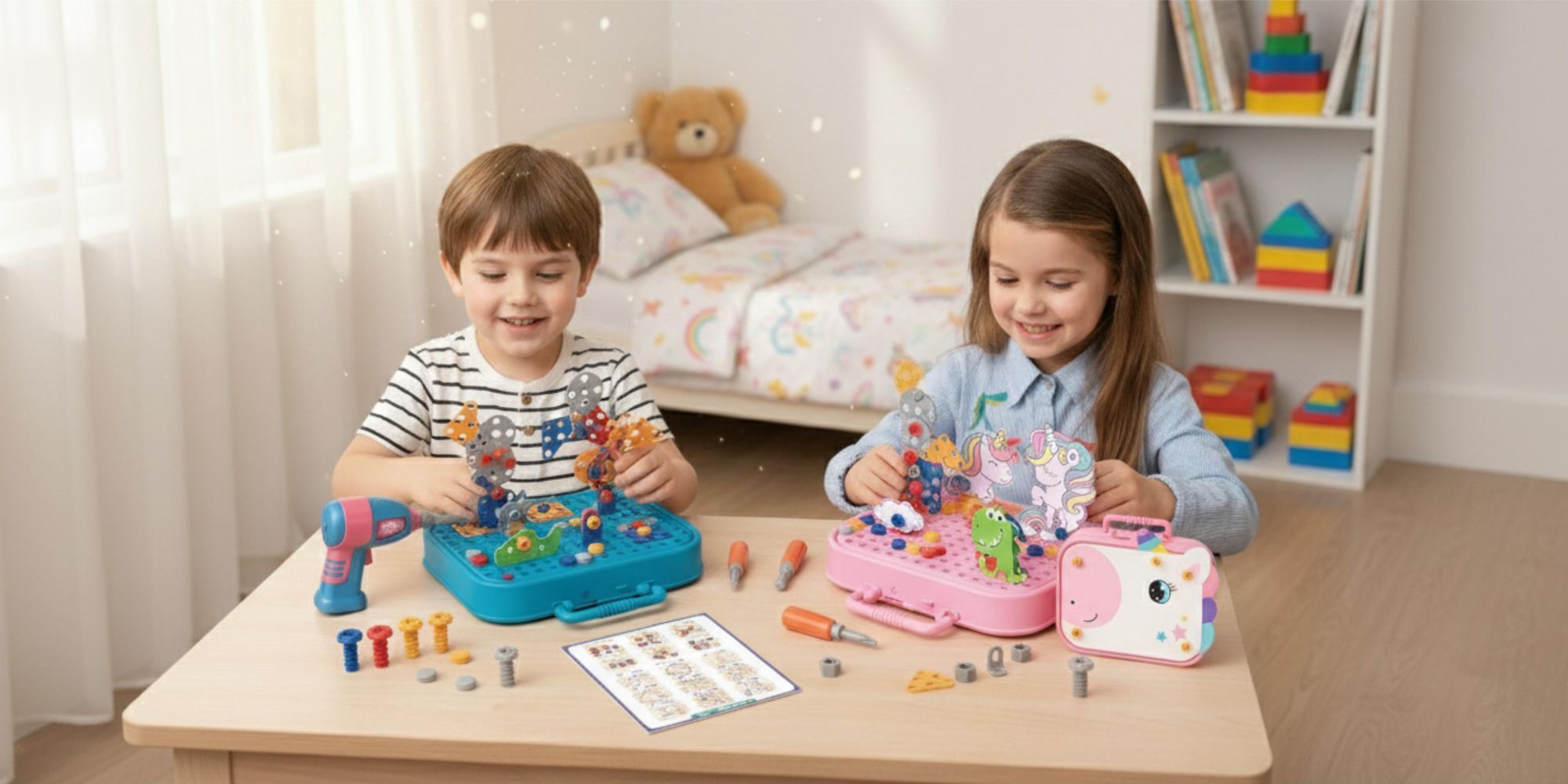 Einhorn Konstruktionsspielzeug 228 Teile, Montessori Werkzeugkasten mit Elektroschrauber, 3D Mosaik Steckspiel ab 3 Jahren, EVI TOYS Unicorn