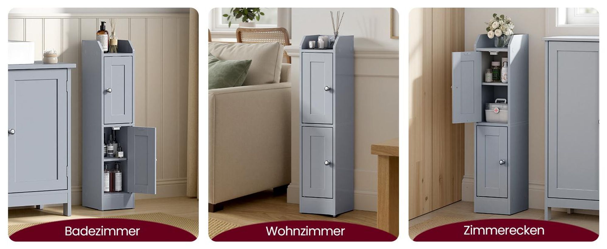VASAGLE Schmaler Hochschrank, Badschrank, mit verstellbaren Ablagen, Badezimmerschrank für Bad, Landhausstil, grau