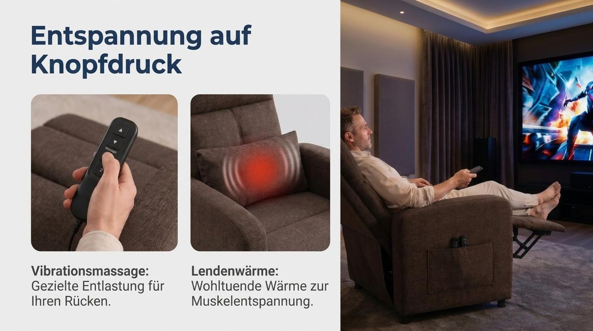 Elektrischer Relaxsessel mit Massage, Fernsehsessel Elektrisch mit Liegefunktion, TV Sessel Elektrisch, Liegesessel 90°–150° verstellbar, Wohnzim