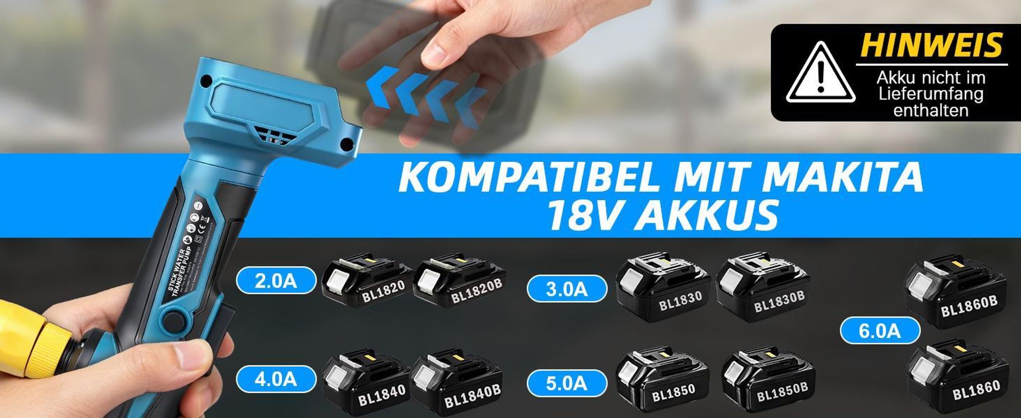 Kabellose Wasserpumpe mit Gartensprühdüse 3/4" Anschluss Filter Tragbare Pumpe Gartenpumpe 3000L/h Fördermenge, 6M Förderhöhe, Kompatibel Makita Akku