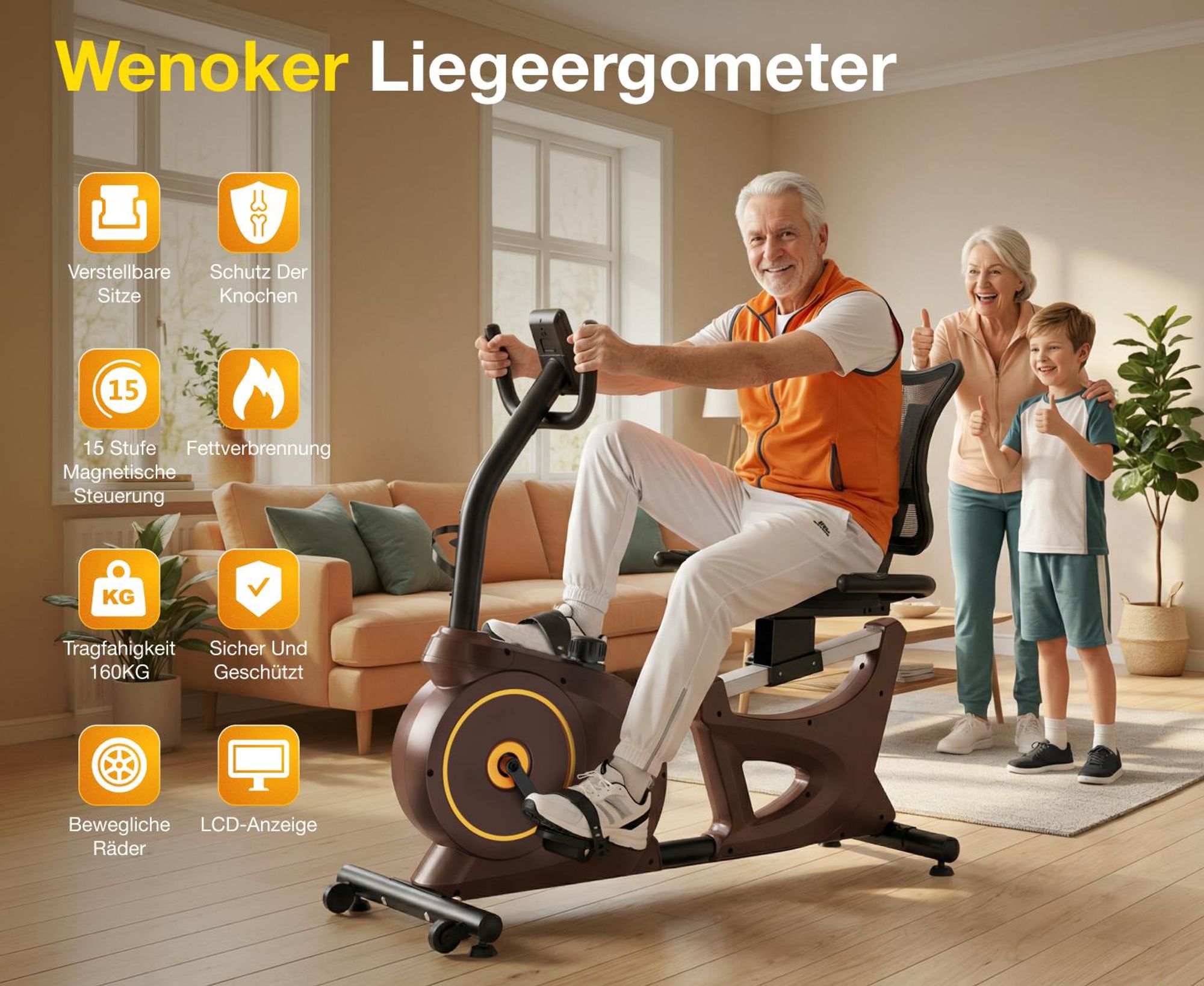 Wenoker Liegeergometer mit 15-stufig verstellbarem Magnetwiderstand, Pulsmessung und LCD-Display, App-kompatibel das leise Liegefahrrad für Senioren.