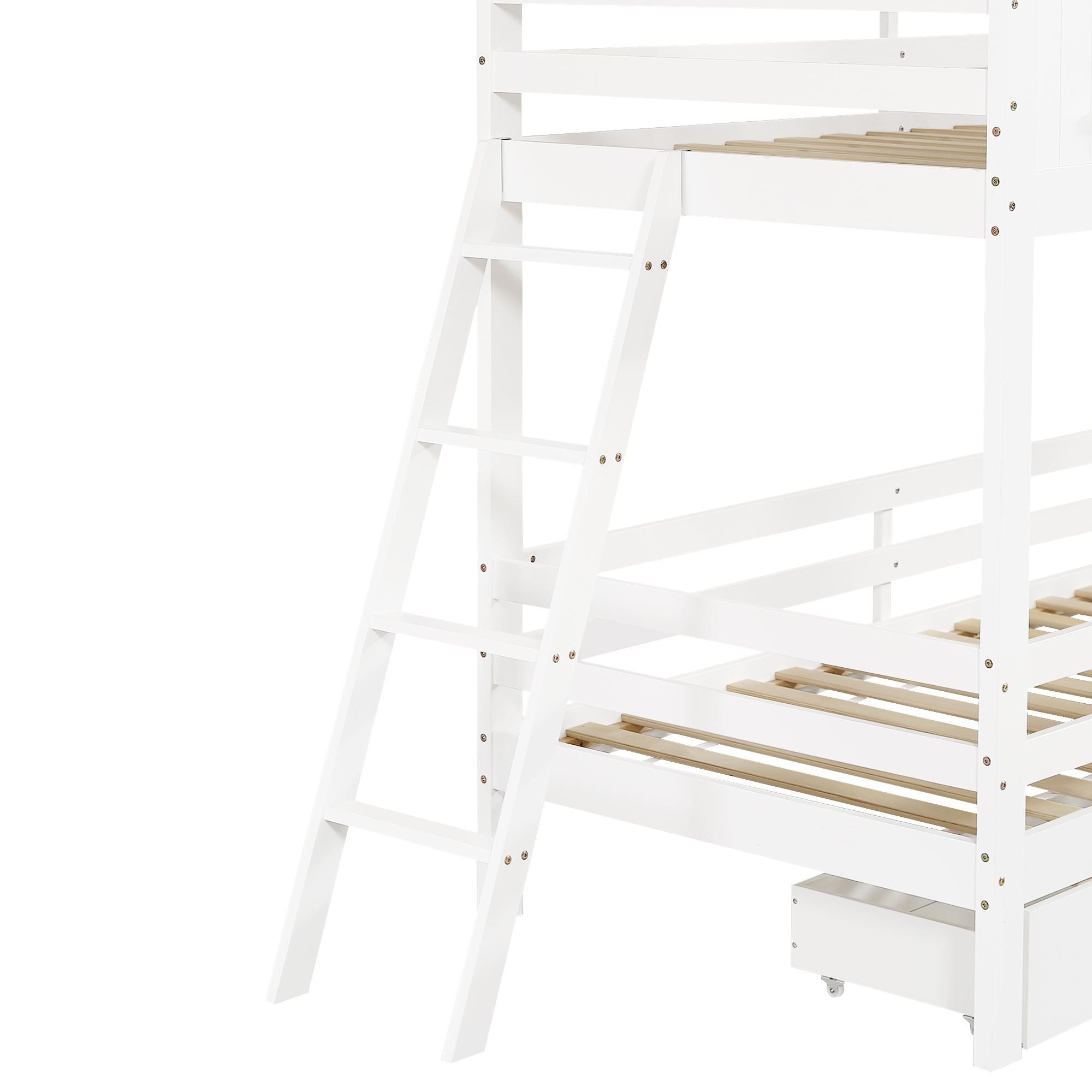 Flieks Etagenbett 90x200cm mit 2 Schubladen, Kinderbett Hausbett mit Fenster und Dach, Kinder Hochbett mit Leiter und Lattenrost für 2 Kinder, Weiß
