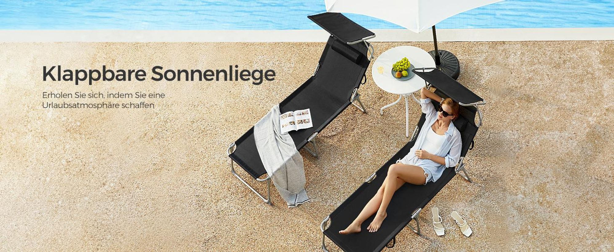 SONGMICS Gartenliege, klappbarer Liegestuhl, 193x53x29cm, mit Kopfstütze schwarz