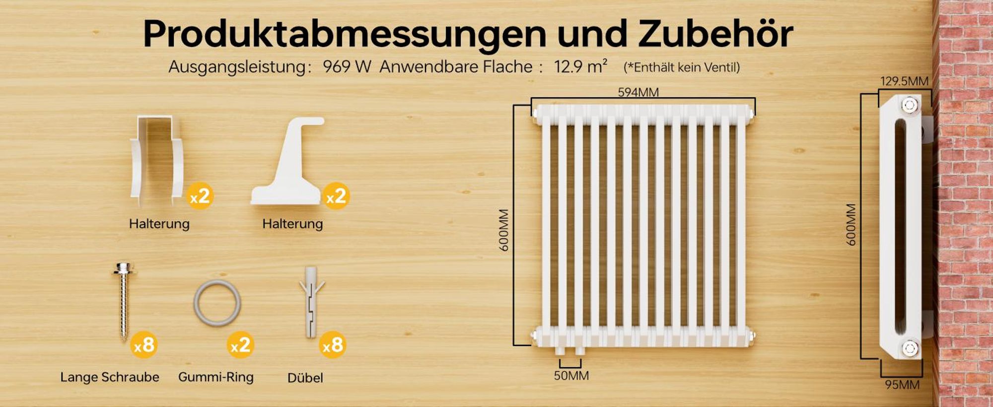 EMKE Design-Heizkörper D-Form 600x594mm 969W Red Dot Award Winner Weiß – Horizontal Montage, für 12,9 m², Bad & Wohnzimmer ohne Heizstab