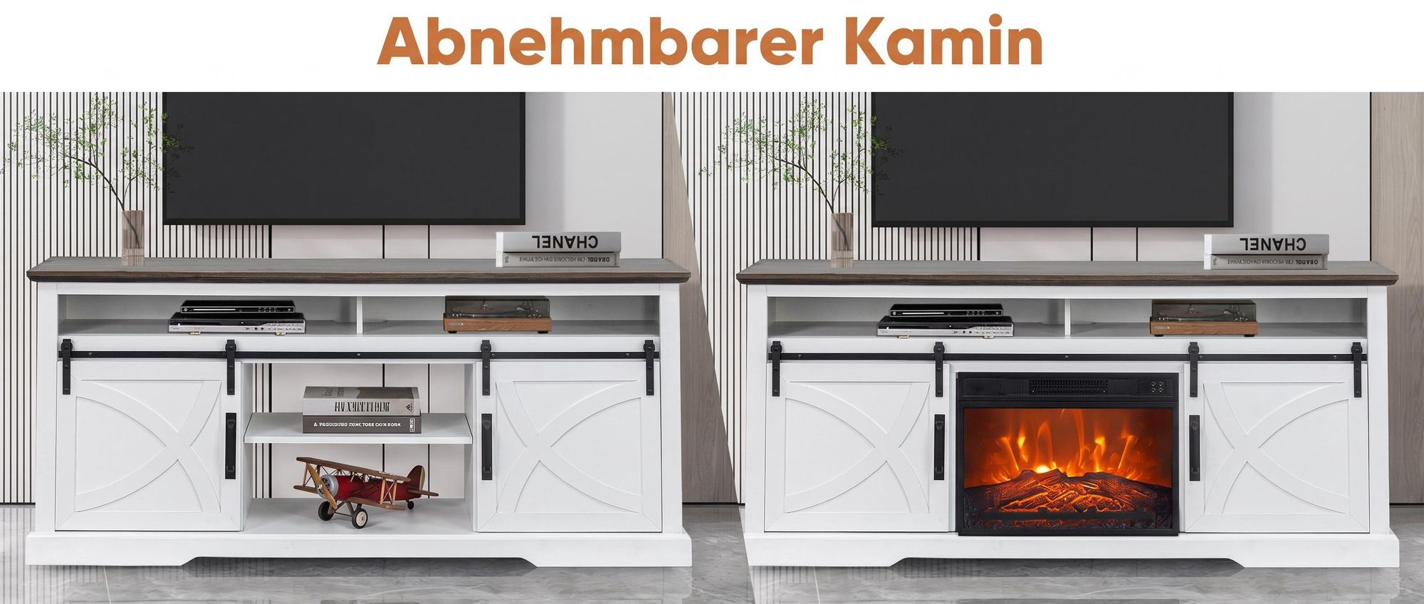 Parrot Uncle TV-Schrank mit Kamin 173cm, Weiß Modern, MDF & Stahl, Schiebetüren, Fernbedienung, für Wohnzimmer & Schlafzimmer