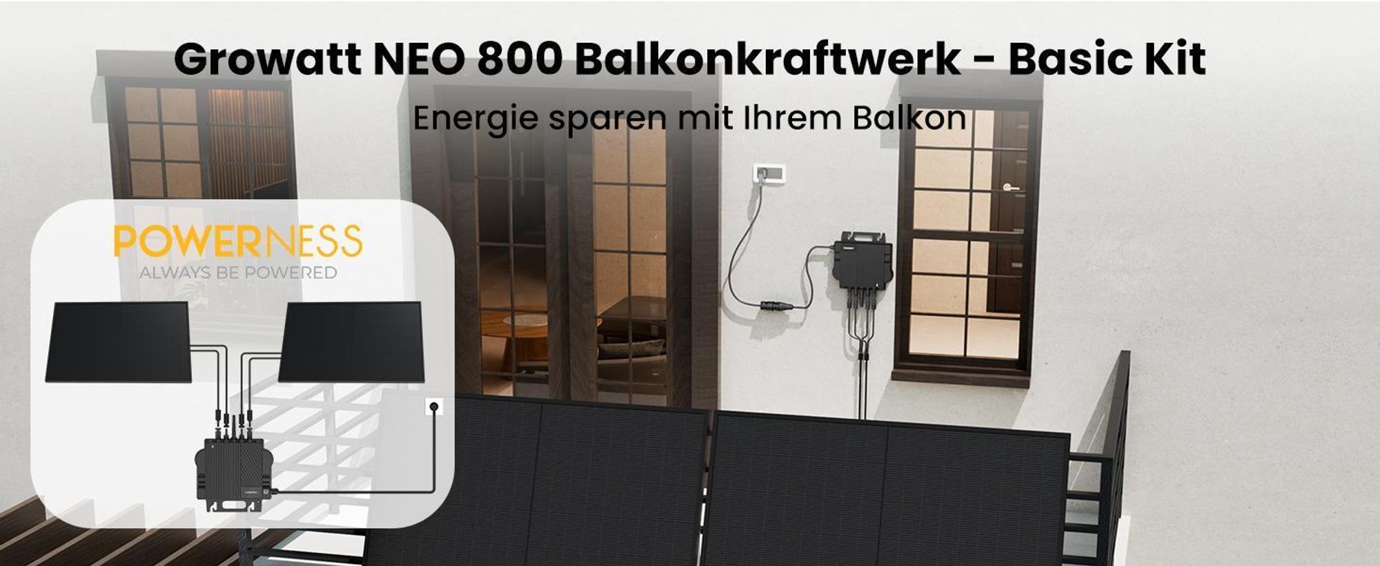 Powerness Balkonkraftwerk mit Speicher 2048Wh NOAH 2000 Speicher mit 800W Mikrowechselrichter & JA Solar 1000W Full Black Bifaziale Solarmodule
