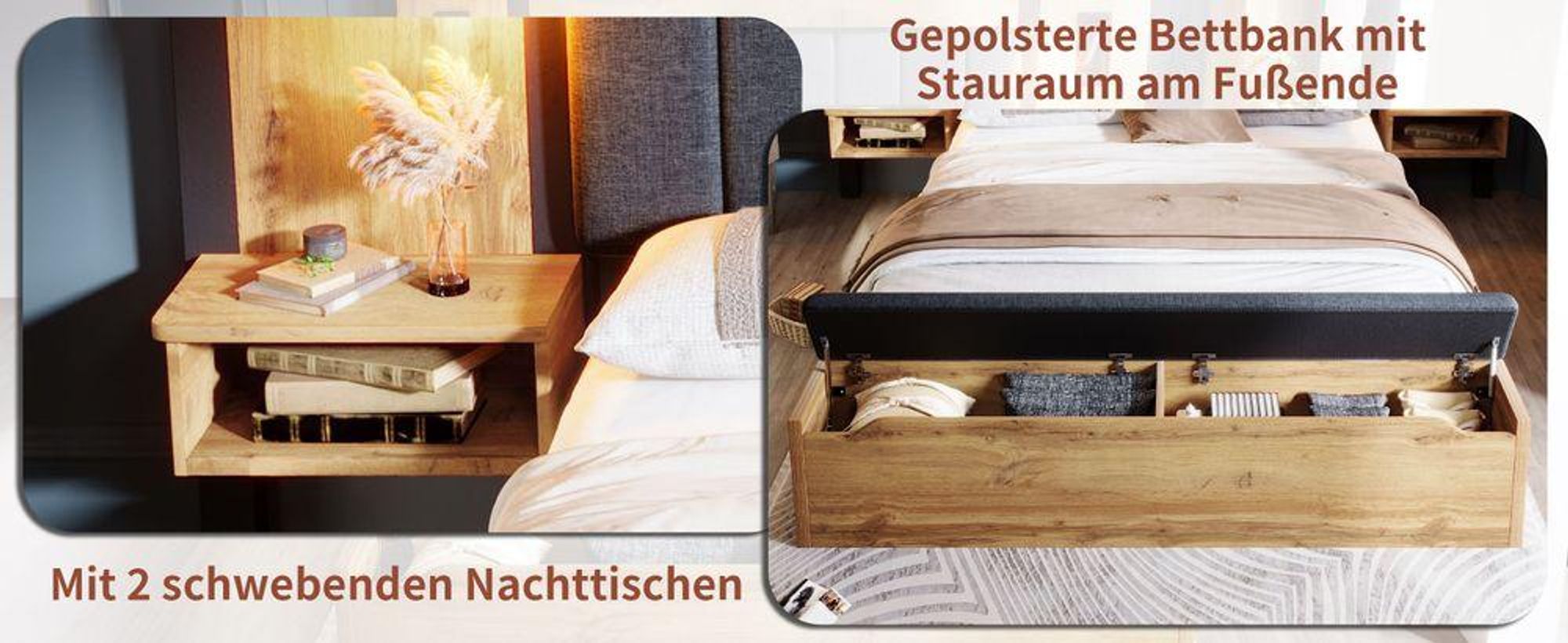 MODFU Doppelbett 180×200 Polsterbett mit gepolstertem Kopfteil,Holzbett Bettgestell mit Leselampen,Stauraumbank, Metall-Lattenrost,ohne Matratze,Eiche