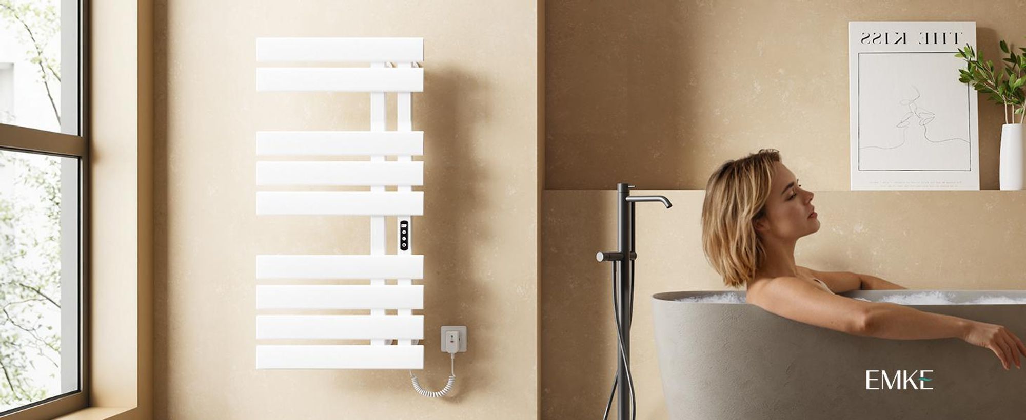 EMKE Handtuchwärmer elektrisch Intelligente Badheizkörper, 1000X500mm 320W Recht Anschluss Handtuchheizkörper Wifi APP Steurung Touch LCD Timer 1-9H, IPX5 Weiß