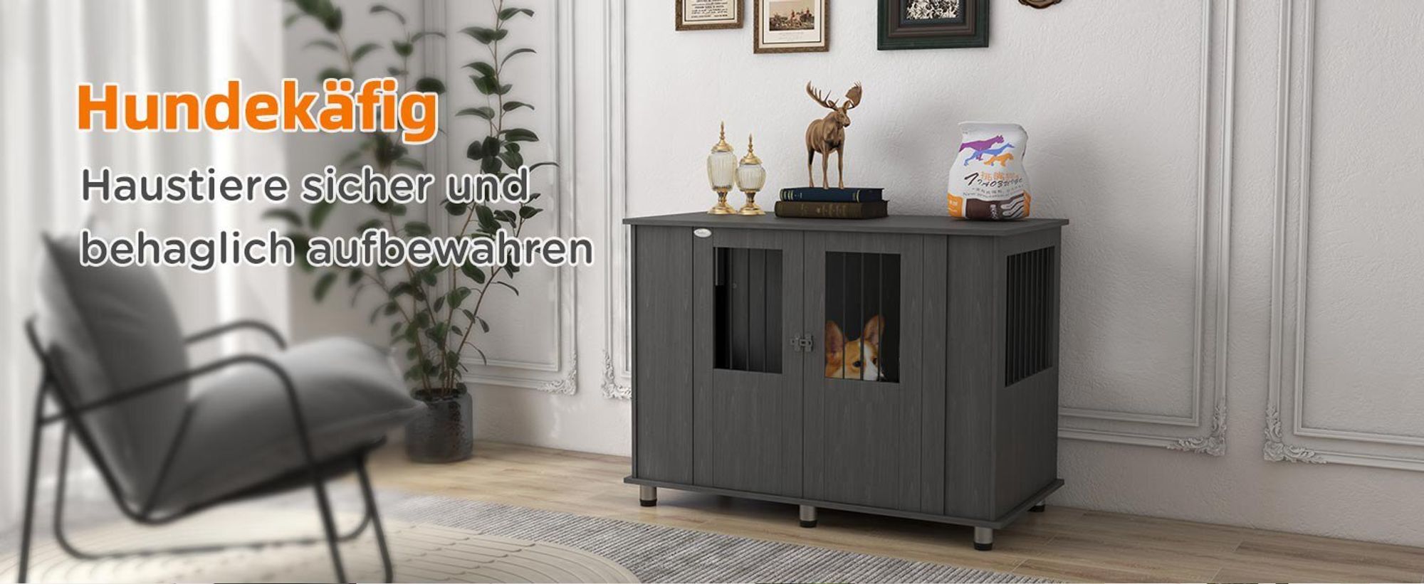 PawHut Hundekäfig Haustierkäfig Hundehütte mit Schloss, Magnettür, Fenster, Grau