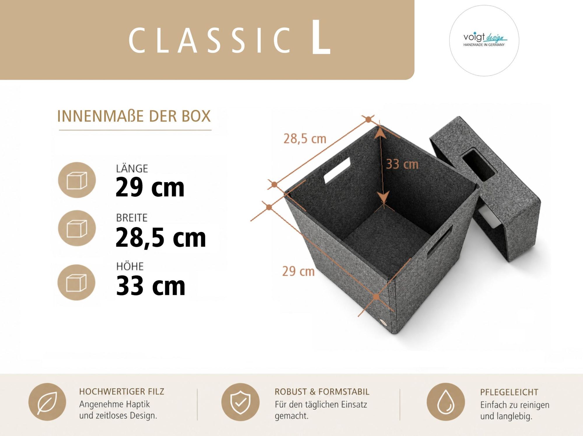 Aufbewahrungsbox CLASSIC Filz Gr. L (32x32x34 cm) mit Deckel in anthrazit meliert