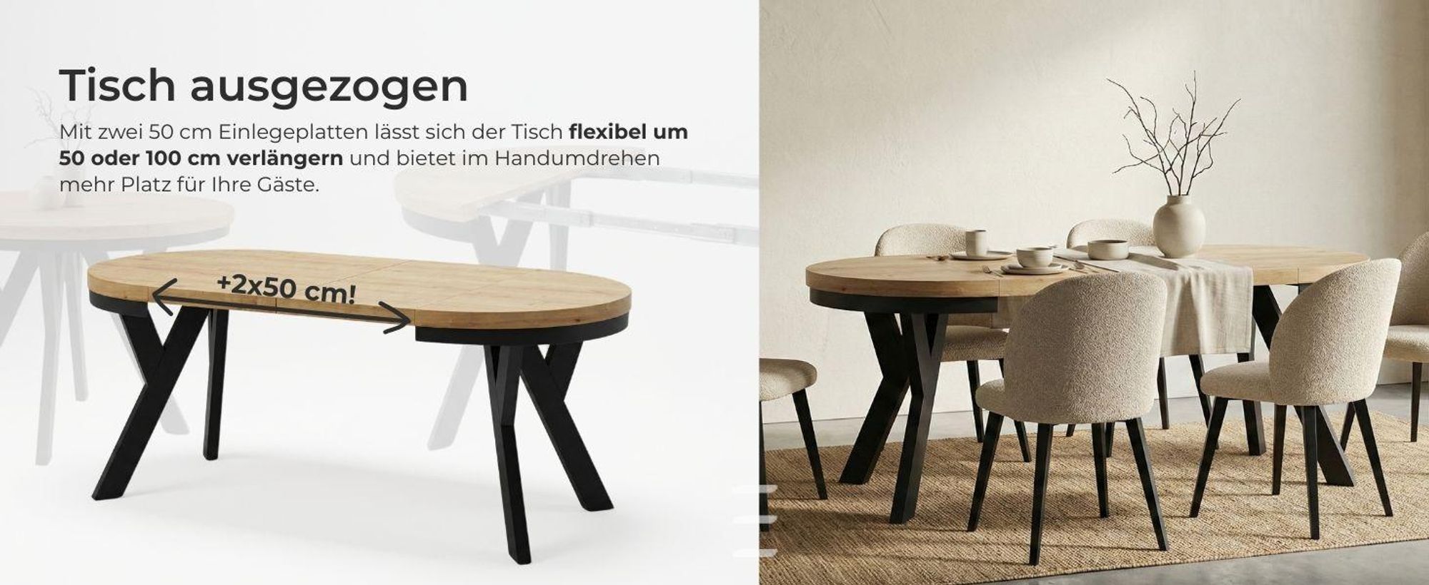 Runder Ausziehbarer Tisch für Esszimmer, PERO, Loft-Stil, Skandinavische, Durchmesser: 100 / 150 cm, Farbe: Eiche Lefkas