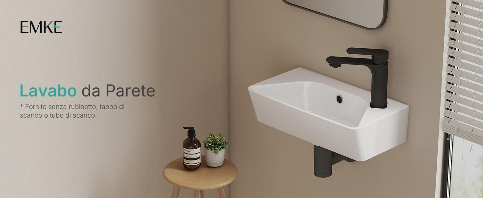 EMKE Lavabo a parete in ceramica rettangolare 400x225 mm bianco lucido Lavabo a parete moderno con foro per rubinetto e troppopieno per WC ospiti e bagno piccolo