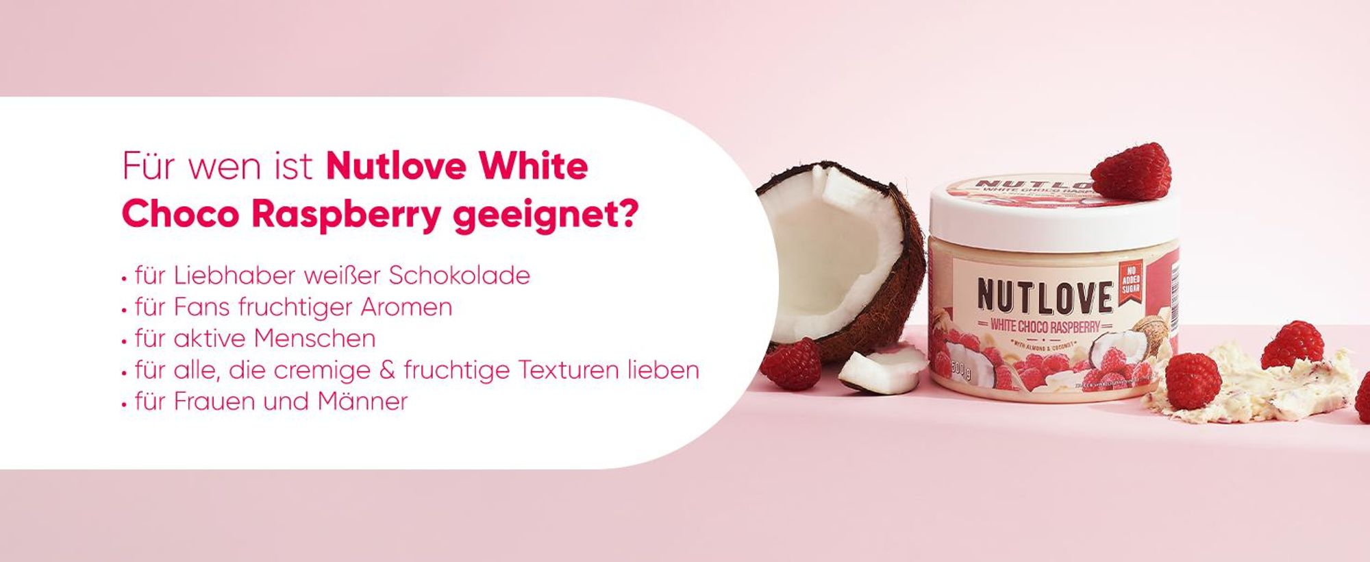 ALLNUTRITION Nutlove White Choco Raspberry 500g Weiße Schokolade Himbeere Creme Ohne Zuckerzusatz Fit Aufstrich Ohne Palmöl