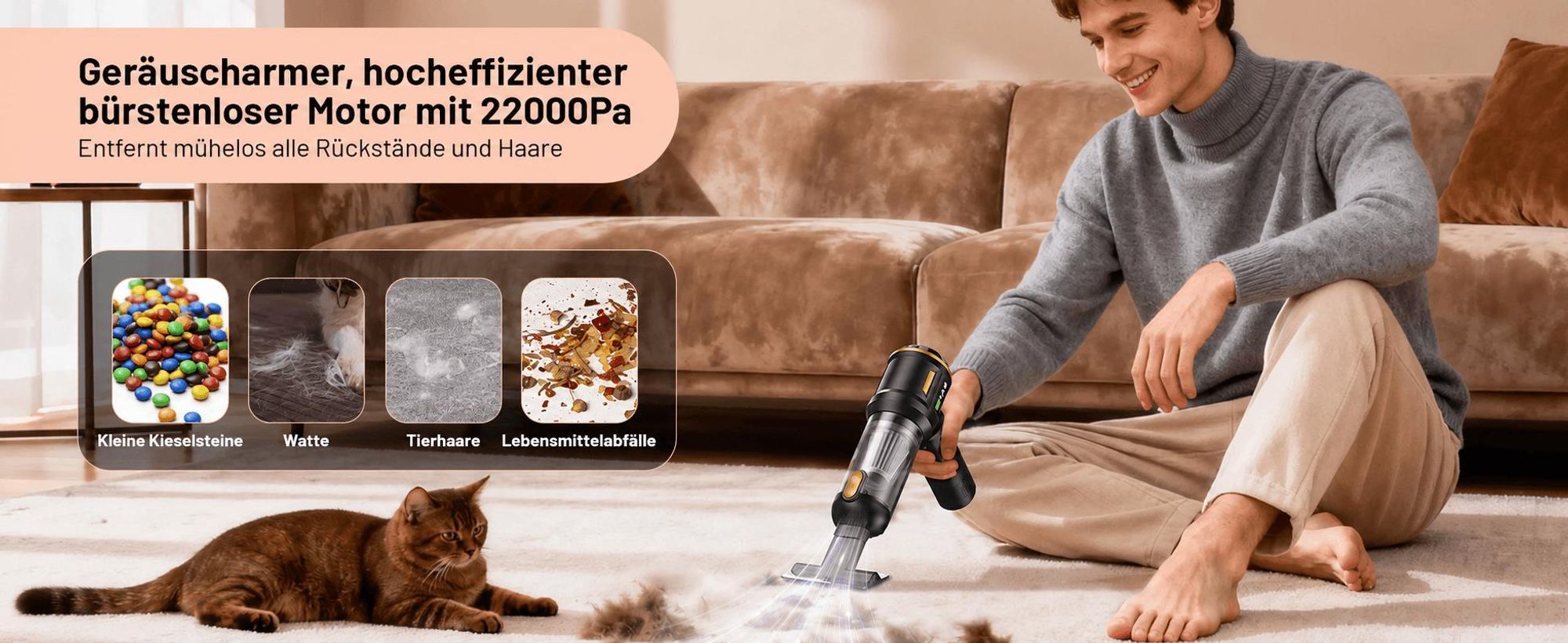 22000Pa Handstaubsauger, 4 in 1Autostaubsauger Kabelloser, 80.000 U/min Bürstenloser Motor, Mini staubsauger, 3 Stufen, LED anzeige, für Auto Haushalt