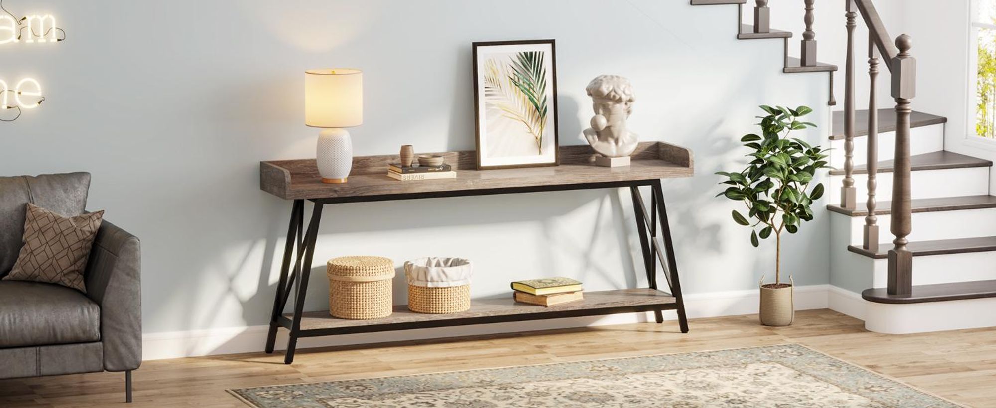 LITTLE TREE 180 cm Extra langer Konsolentisch, rustikaler industrieller Sofatisch für Wohnzimmer, schmaler Eingangsbereich Flur langer Bartisch, Braun